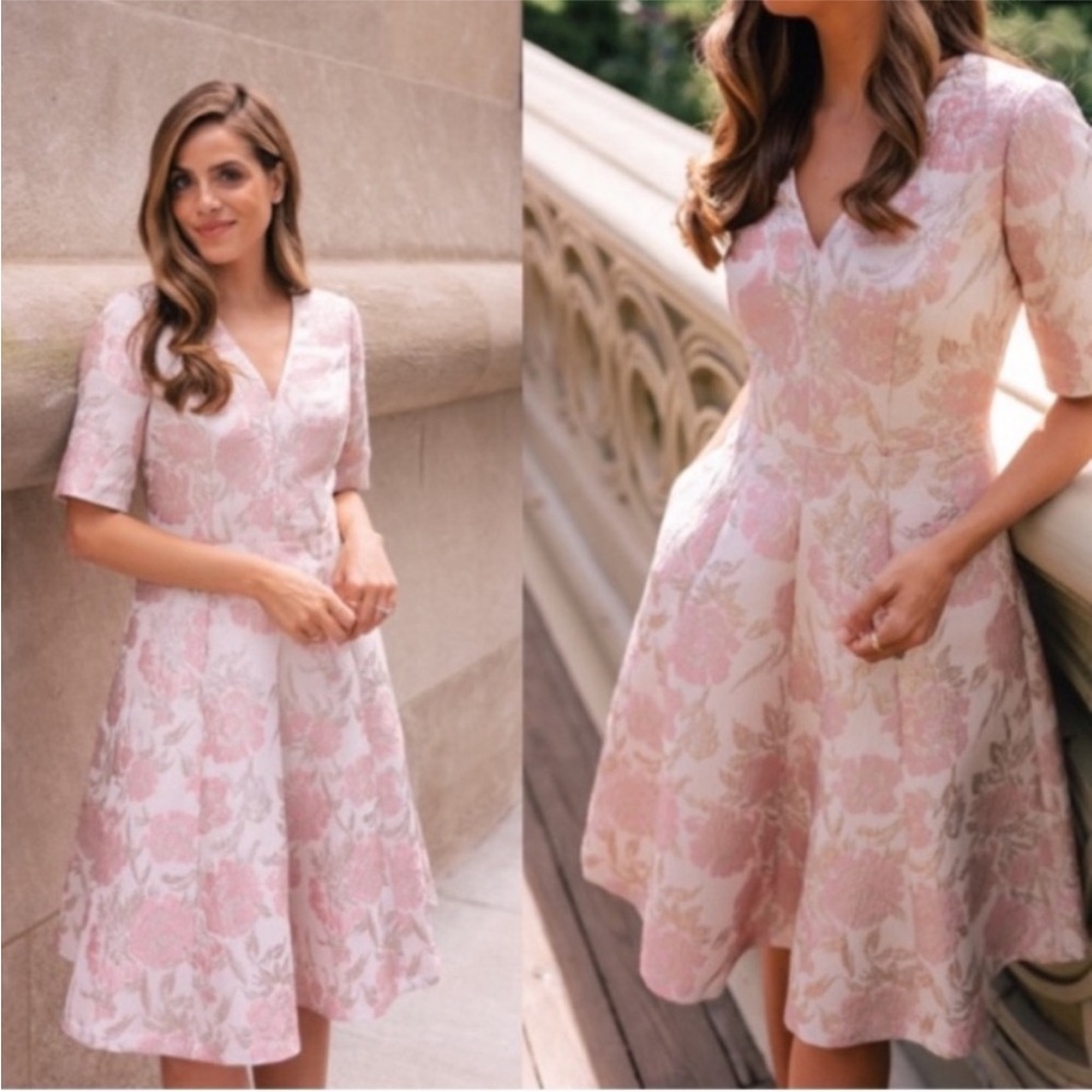 Gal Meets Glam Pink Cream Floral Midi Fit-and-Flare Dress